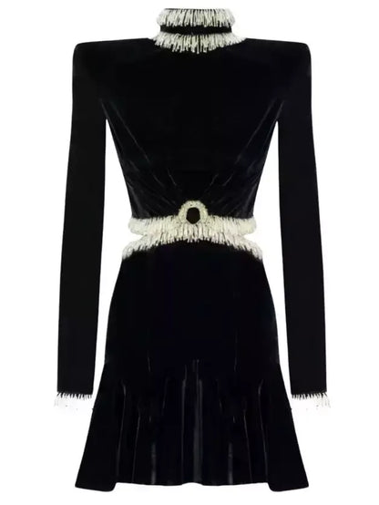Bead-Embellished Black Velvet Mini Dress - Dresses