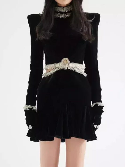 Bead-Embellished Black Velvet Mini Dress - Dresses