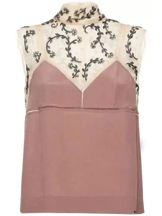 Bead-Embellished Crepe De Chine Silk Top in Dusty Rose - Tops