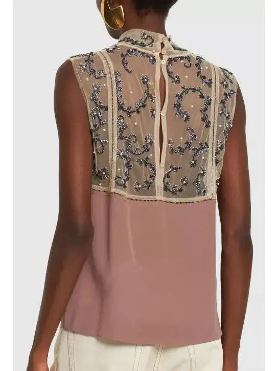 Bead-Embellished Crepe De Chine Silk Top in Dusty Rose - Tops