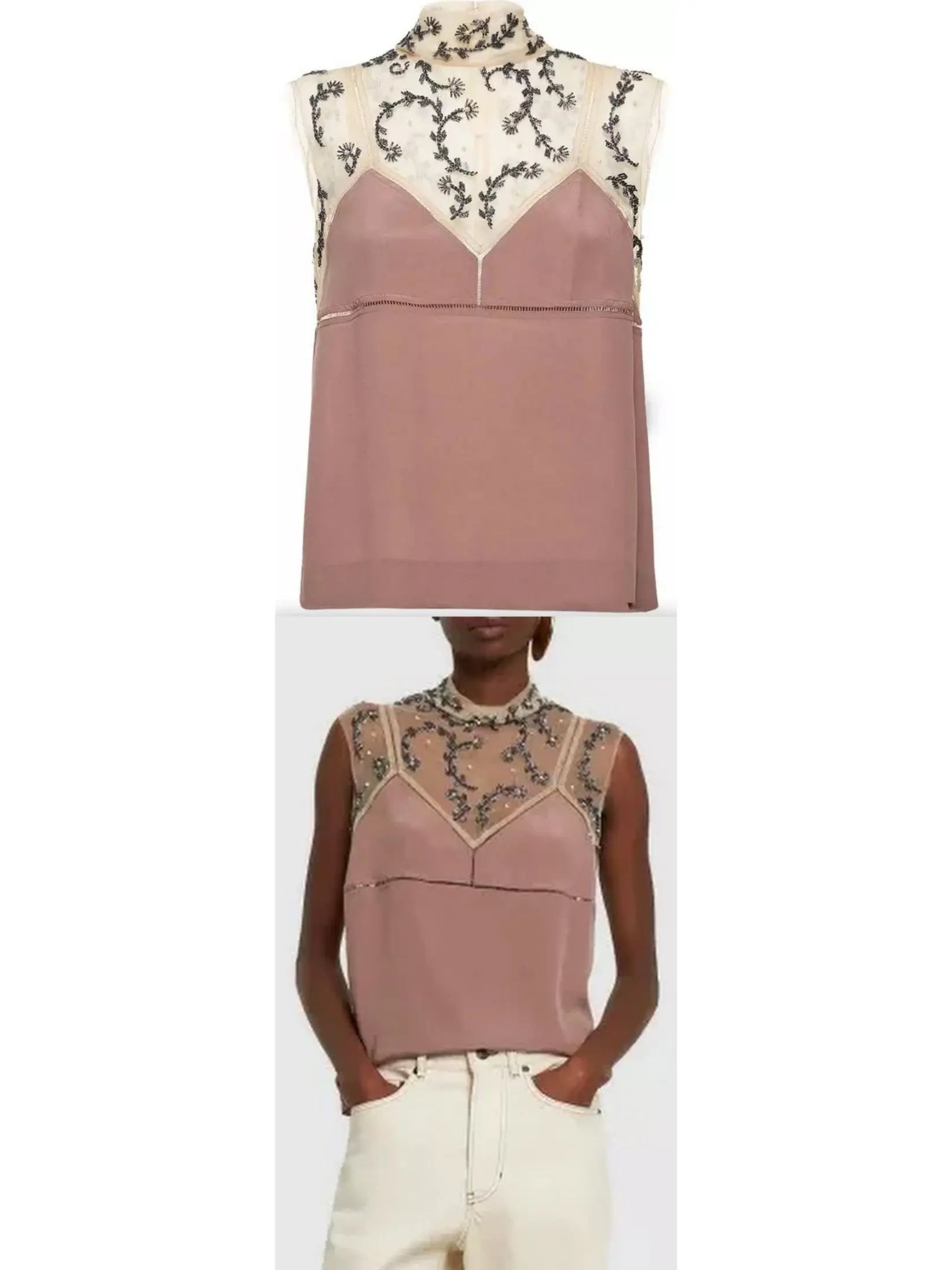 Bead-Embellished Crepe De Chine Silk Top in Dusty Rose - Tops