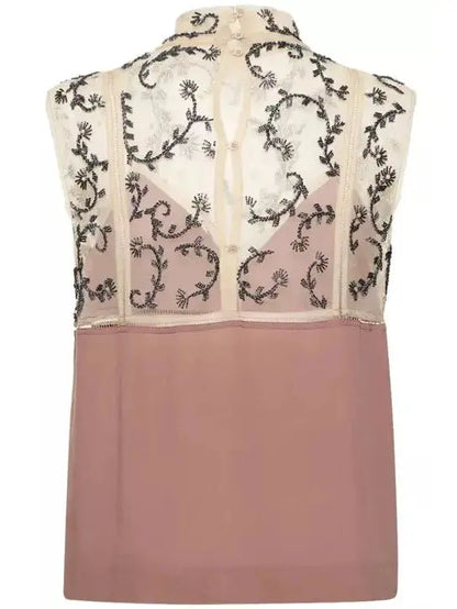 Bead-Embellished Crepe De Chine Silk Top in Dusty Rose - Tops