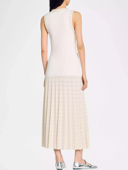 Sleeveless cream Bead-Embellished Drop-Waist Knit Pleated Midi Dress with pleated skirt