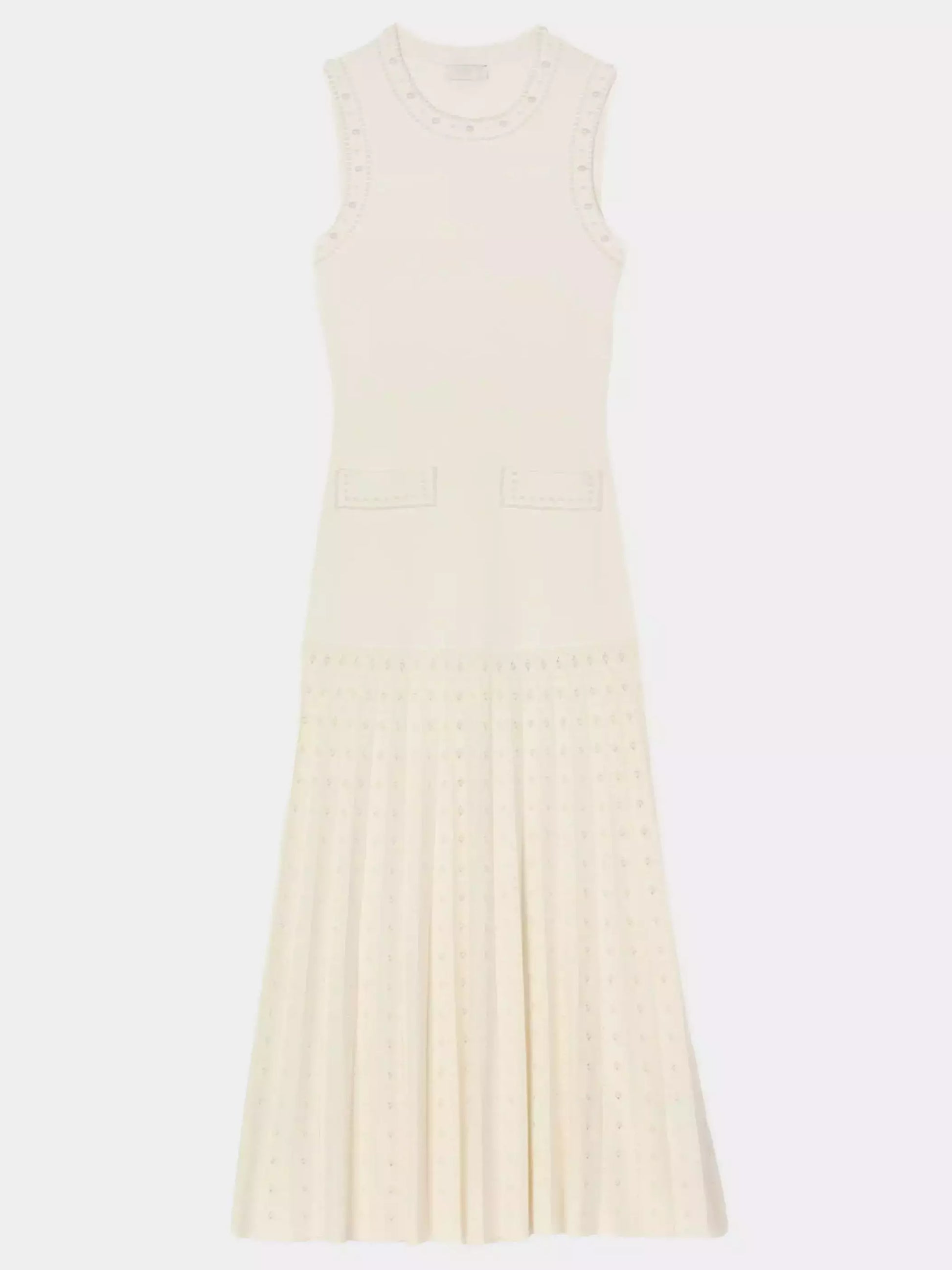 Sleeveless cream-colored Bead-Embellished Drop-Waist Knit Pleated Midi Dress with trim