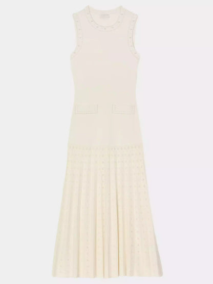 Sleeveless cream-colored Bead-Embellished Drop-Waist Knit Pleated Midi Dress with trim