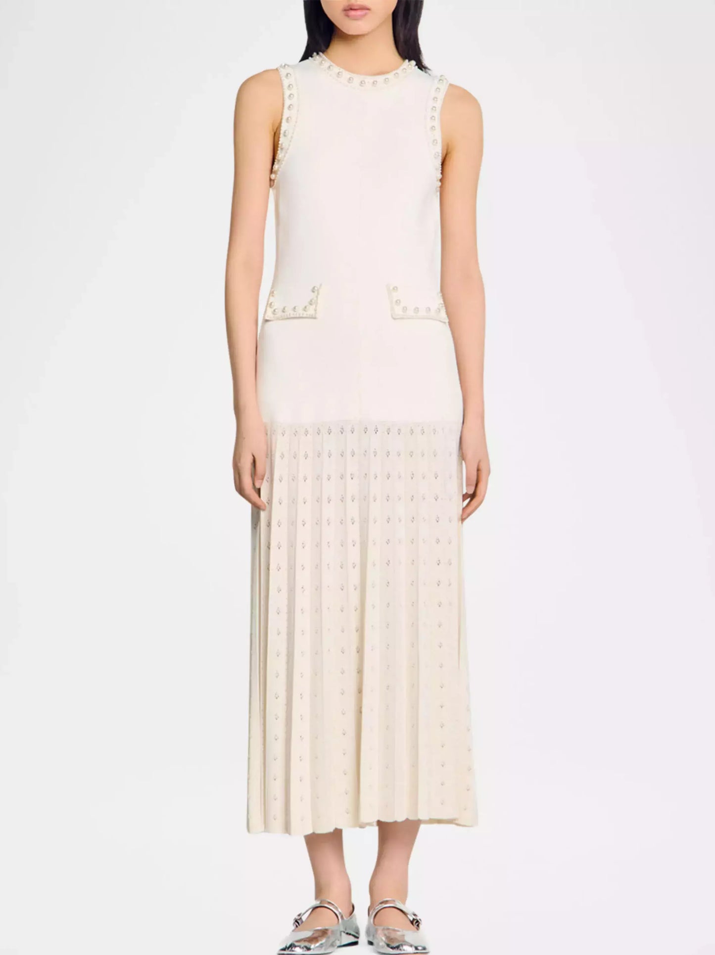 Sleeveless cream bead-embellished drop-waist knit pleated midi dress for women