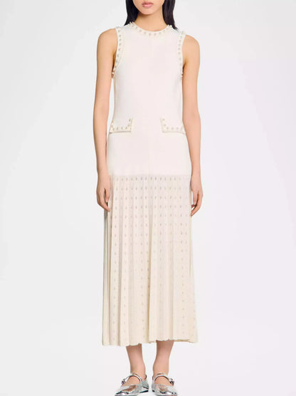 Sleeveless cream bead-embellished drop-waist knit pleated midi dress for women