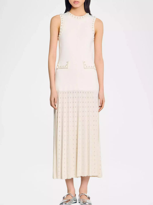 Sleeveless cream bead-embellished drop-waist knit pleated midi dress for women
