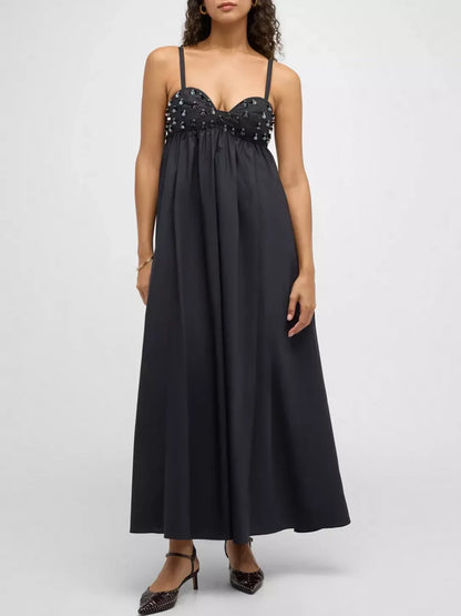 Black bead-embellished empire-waist maxi dress with a stunning embellished bodice