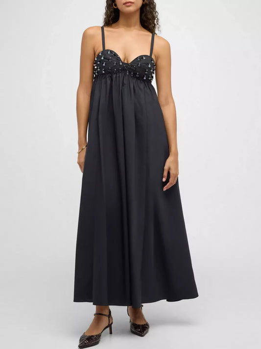 Black bead-embellished empire-waist maxi dress with a stunning embellished bodice