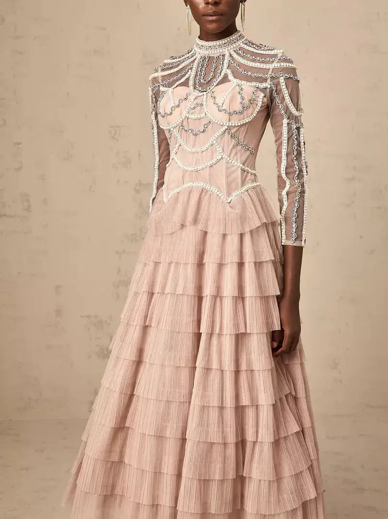 Bead-Embellished High Neck Tiered Gown - Dresses