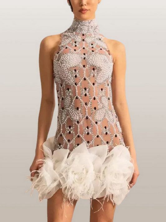 Bead-Embellished Sleeveless Halterneck Dress - Dresses