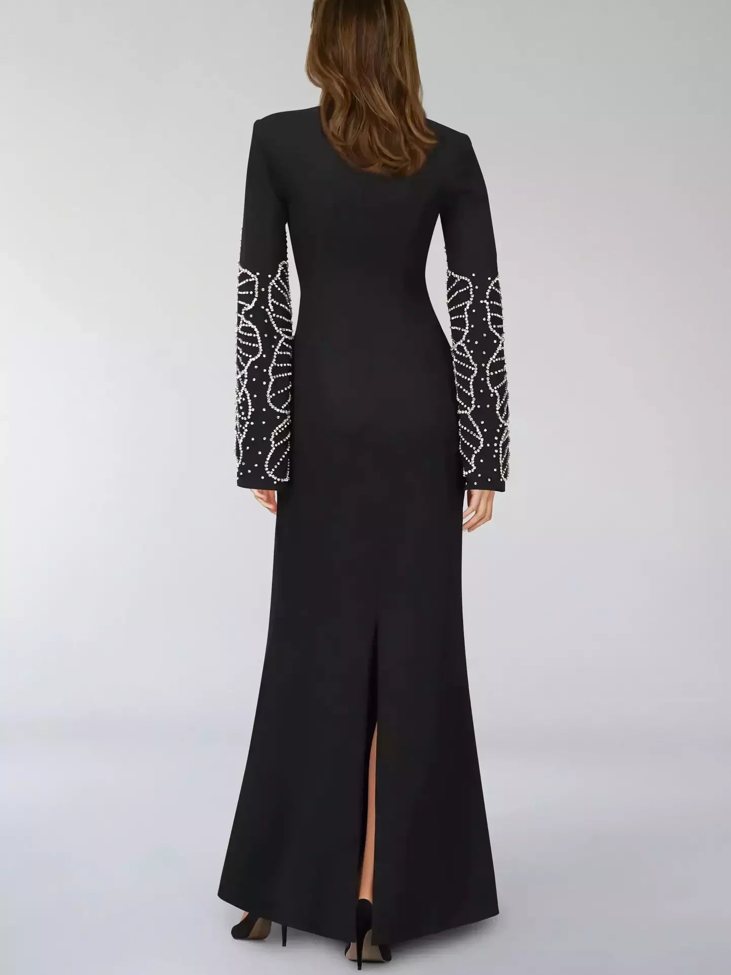 Bead-Embellished Split-Sleeve Long Black Gown - Dresses