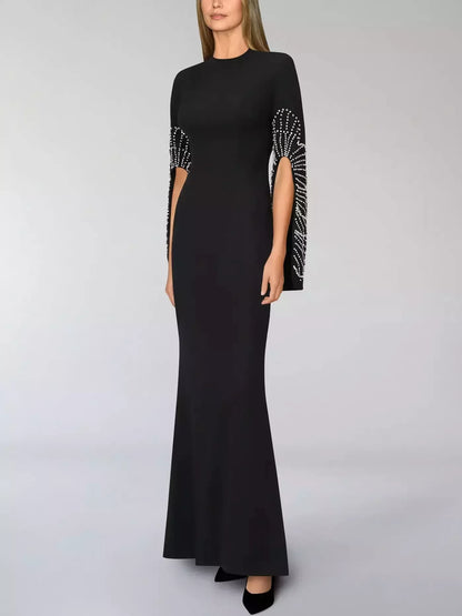 Bead-Embellished Split-Sleeve Long Black Gown - Dresses