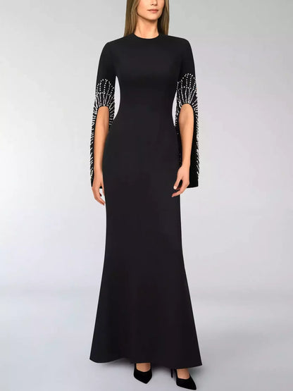 Bead-Embellished Split-Sleeve Long Black Gown - S - Dresses