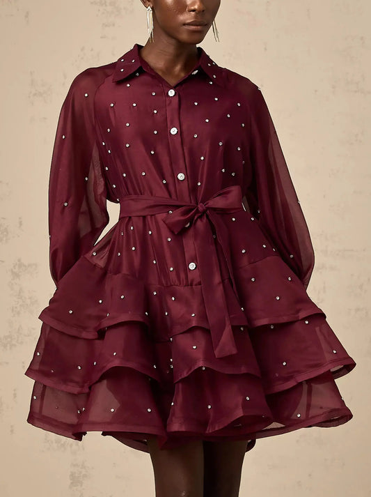 Bead-Embellished Tiered Flared Shirt Dress in Burgundy - Dresses