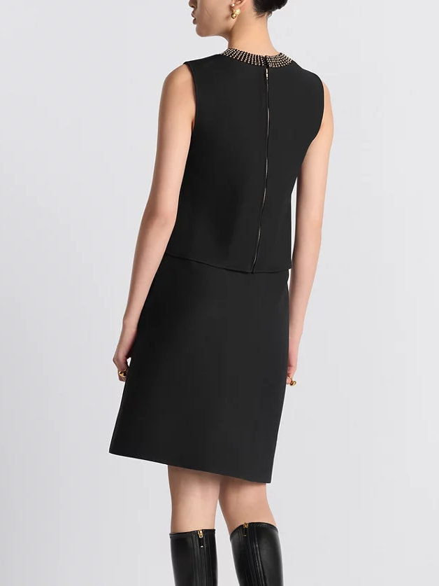 Bead-Embellished Wool and Silk Top and Skirt Set in Black - Suits & Sets