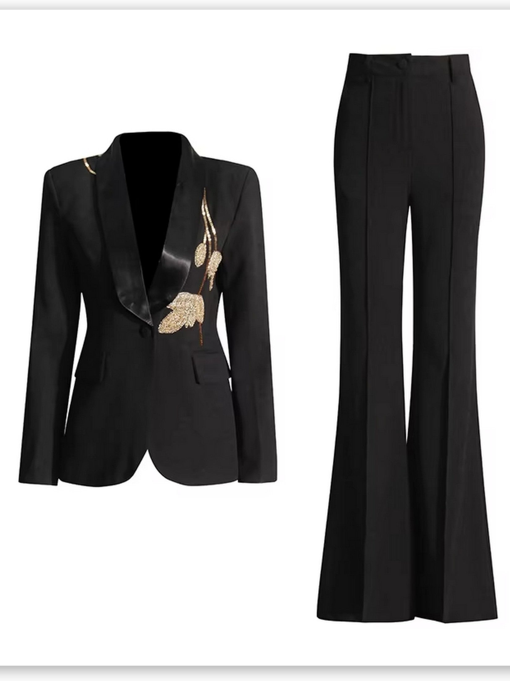 Bead-Embroidered Blazer Jacket and Flared-Leg Pant Suit - Suits & Sets