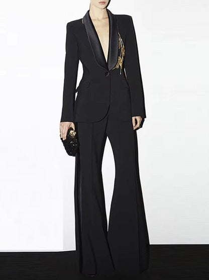 Bead-Embroidered Blazer Jacket and Flared-Leg Pant Suit - Suits & Sets