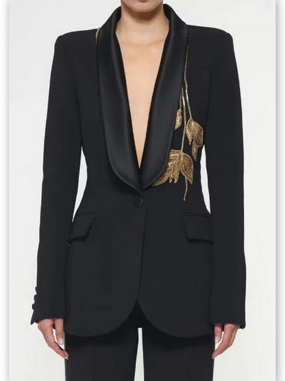 Bead-Embroidered Blazer Jacket and Flared-Leg Pant Suit - Suits & Sets