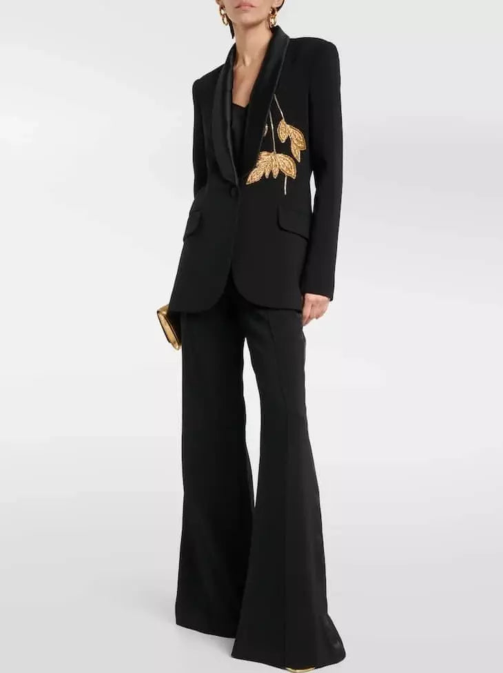 Bead-Embroidered Blazer Jacket and Flared-Leg Pant Suit - Suits & Sets