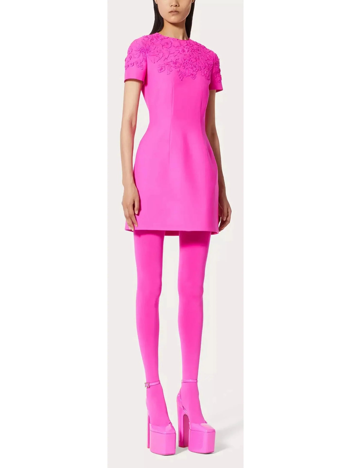 Bead-Embroidered Mini Dress in Fuchsia Pink - Dresses