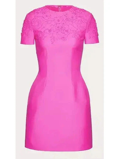 Bead-Embroidered Mini Dress in Fuchsia Pink - Dresses