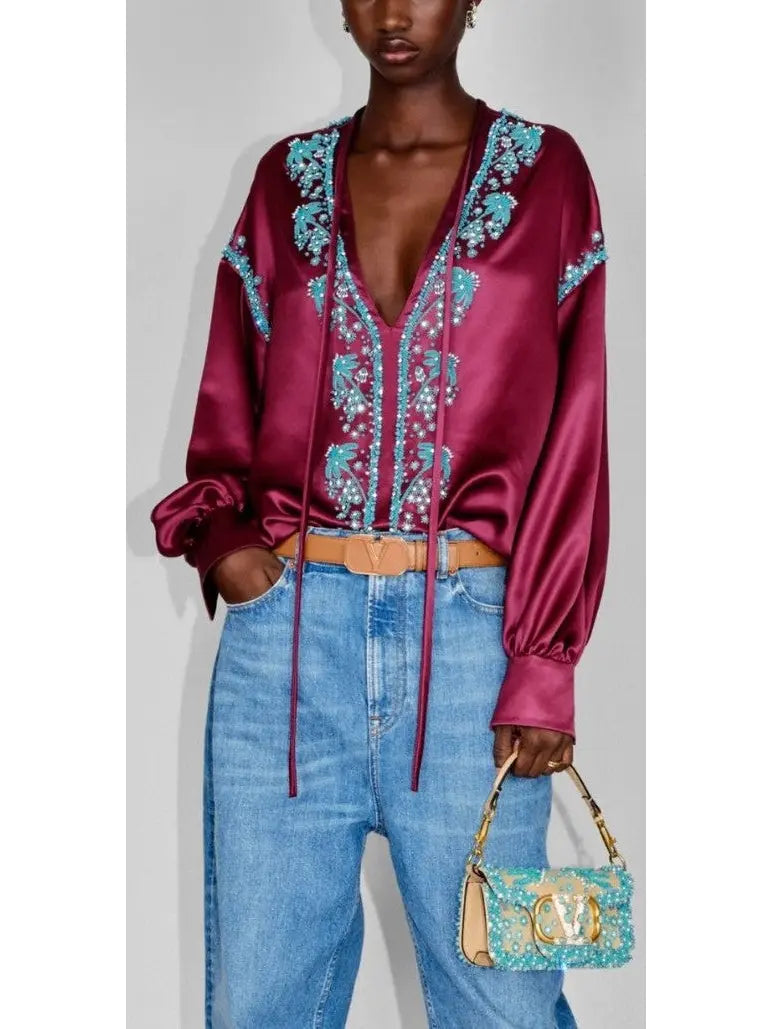 Bead-Embroidered Silk De Soie Top - Tops