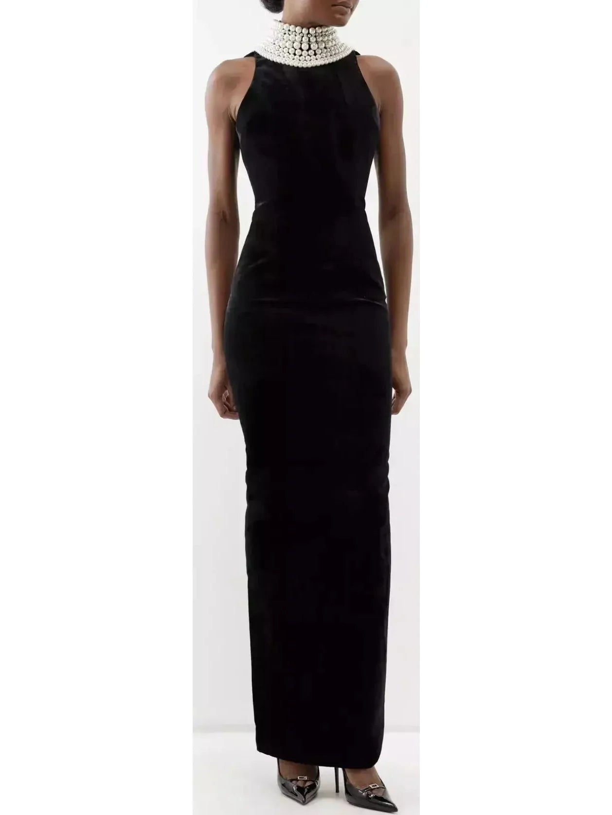 Bead-Halterneck Long Velvet Dress - Dresses