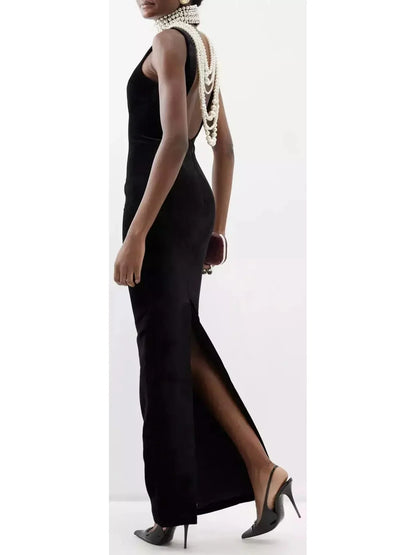 Bead-Halterneck Long Velvet Dress - Dresses