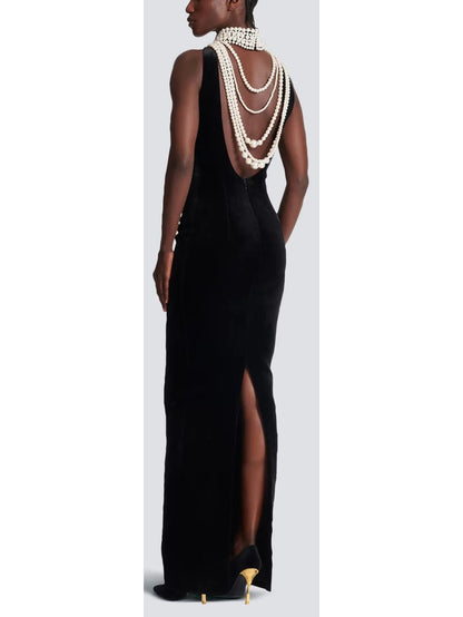 Bead-Halterneck Long Velvet Dress - Dresses