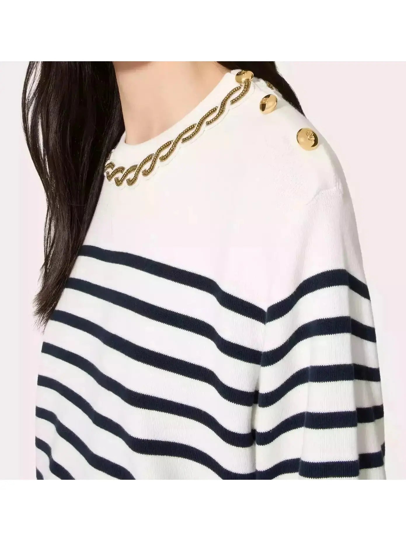 Bead Link Embroidered Collar Striped Knit Sweater - Sweaters & Knitwear