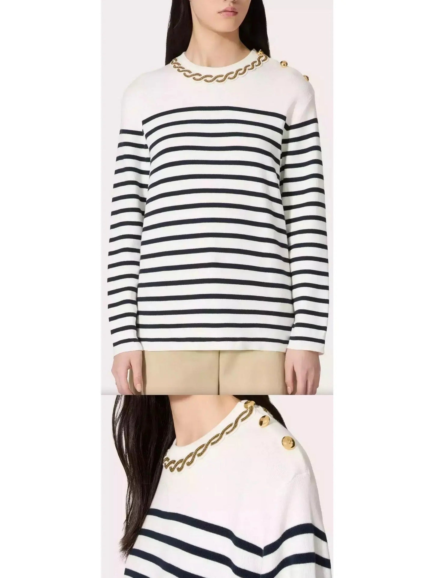 Bead Link Embroidered Collar Striped Knit Sweater - Sweaters & Knitwear