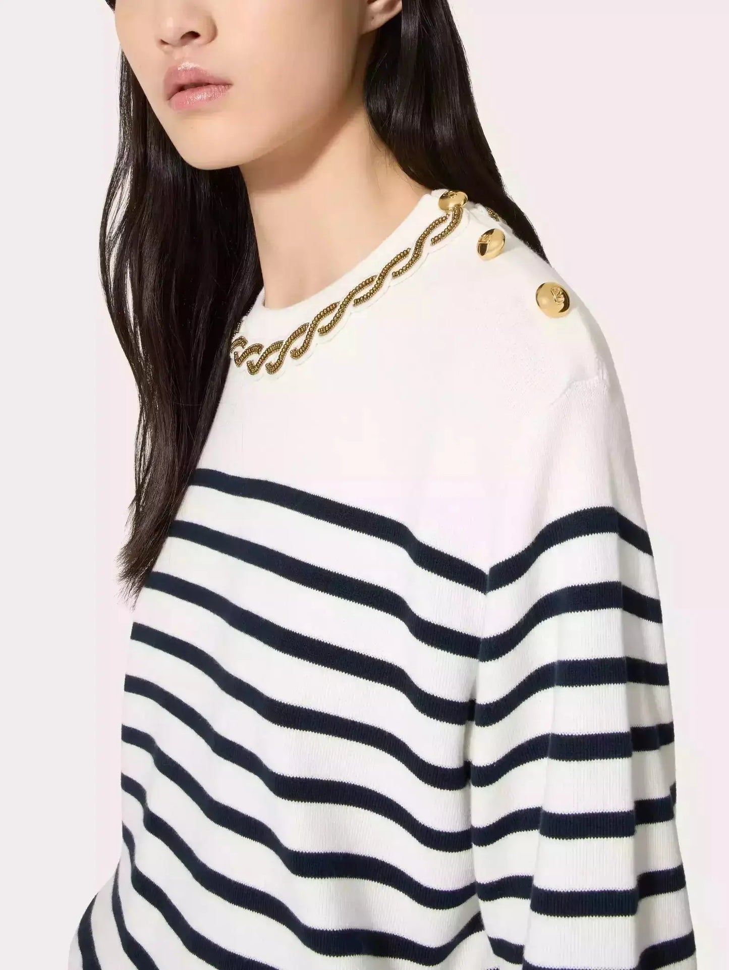 Bead Link Embroidered Collar Striped Knit Sweater - Sweaters & Knitwear