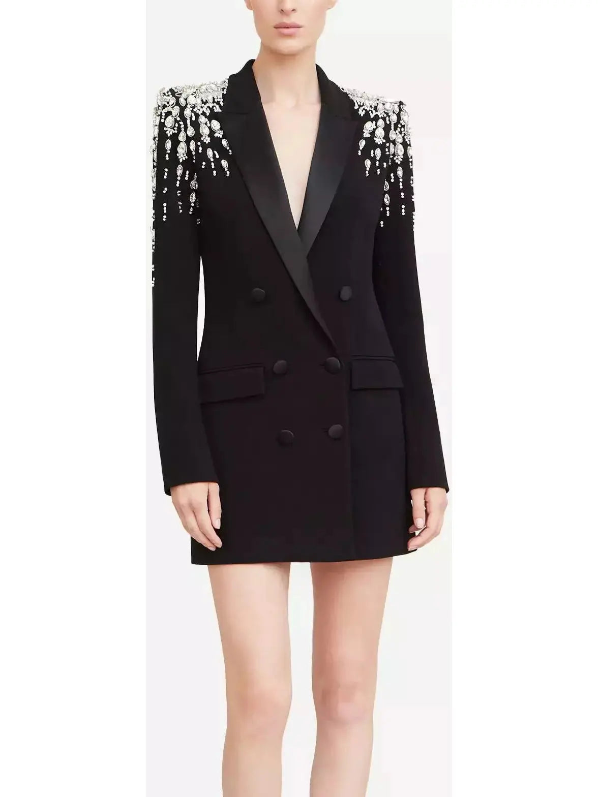 Beaded Embellished Double-Breasted Long Black Cady Blazer - Jackets