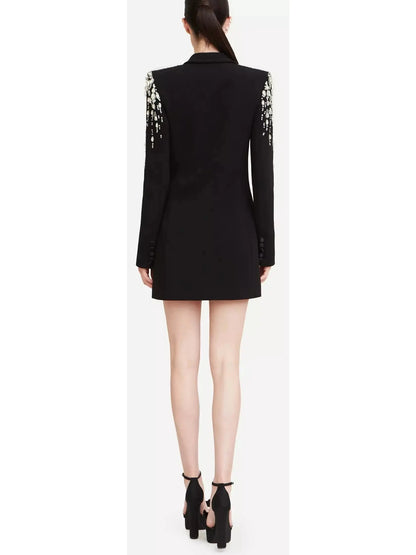 Beaded Embellished Double-Breasted Long Black Cady Blazer - Jackets