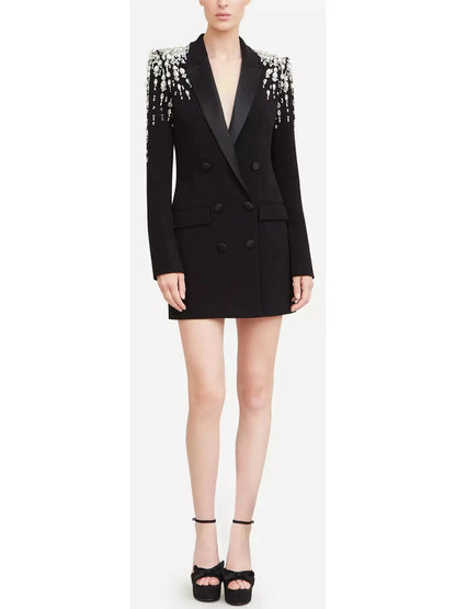 Beaded Embellished Double-Breasted Long Black Cady Blazer - Jackets