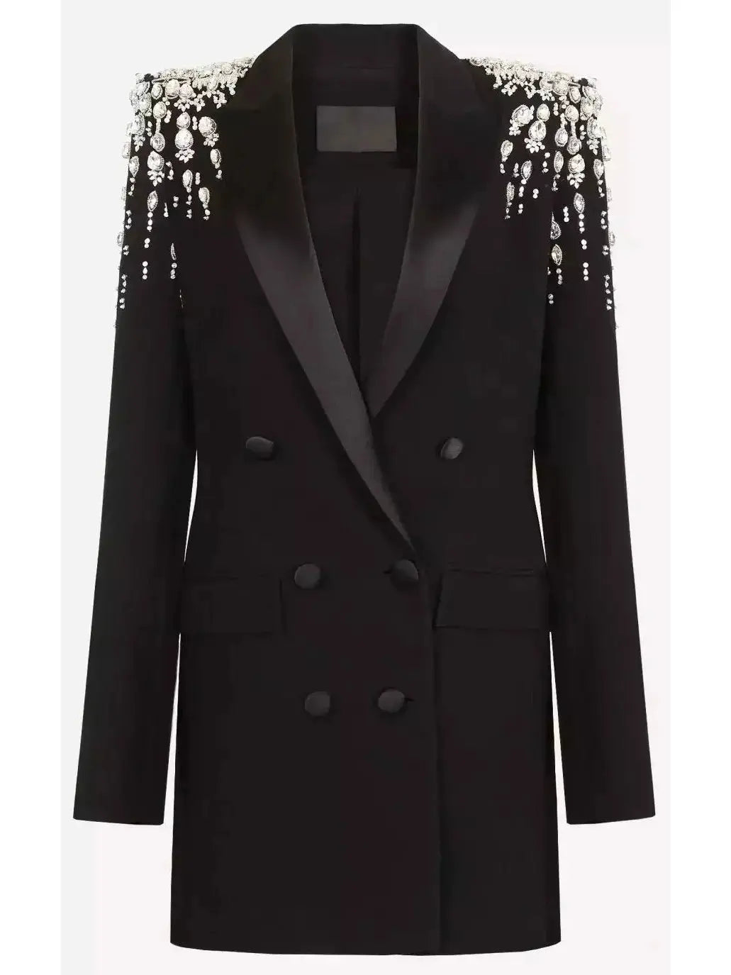 Beaded Embellished Double-Breasted Long Black Cady Blazer - Jackets