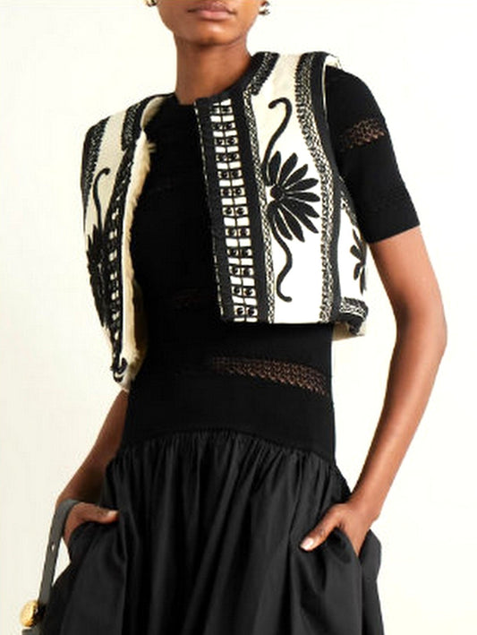 Beaded Embroidered Cropped Sherpa Lined Vest - Jackets