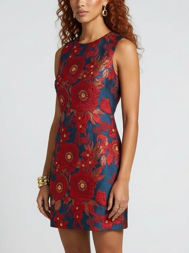 Beaded Floral Jacquard Sleeveless Mini Dress - Dresses
