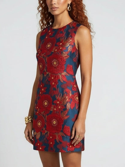 Beaded Floral Jacquard Sleeveless Mini Dress - Dresses