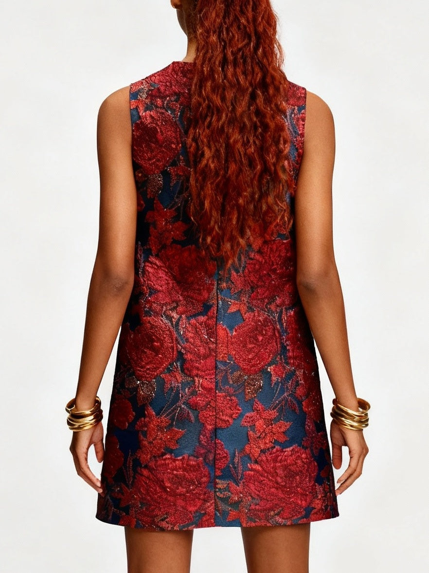 Beaded Floral Jacquard Sleeveless Mini Dress - Dresses