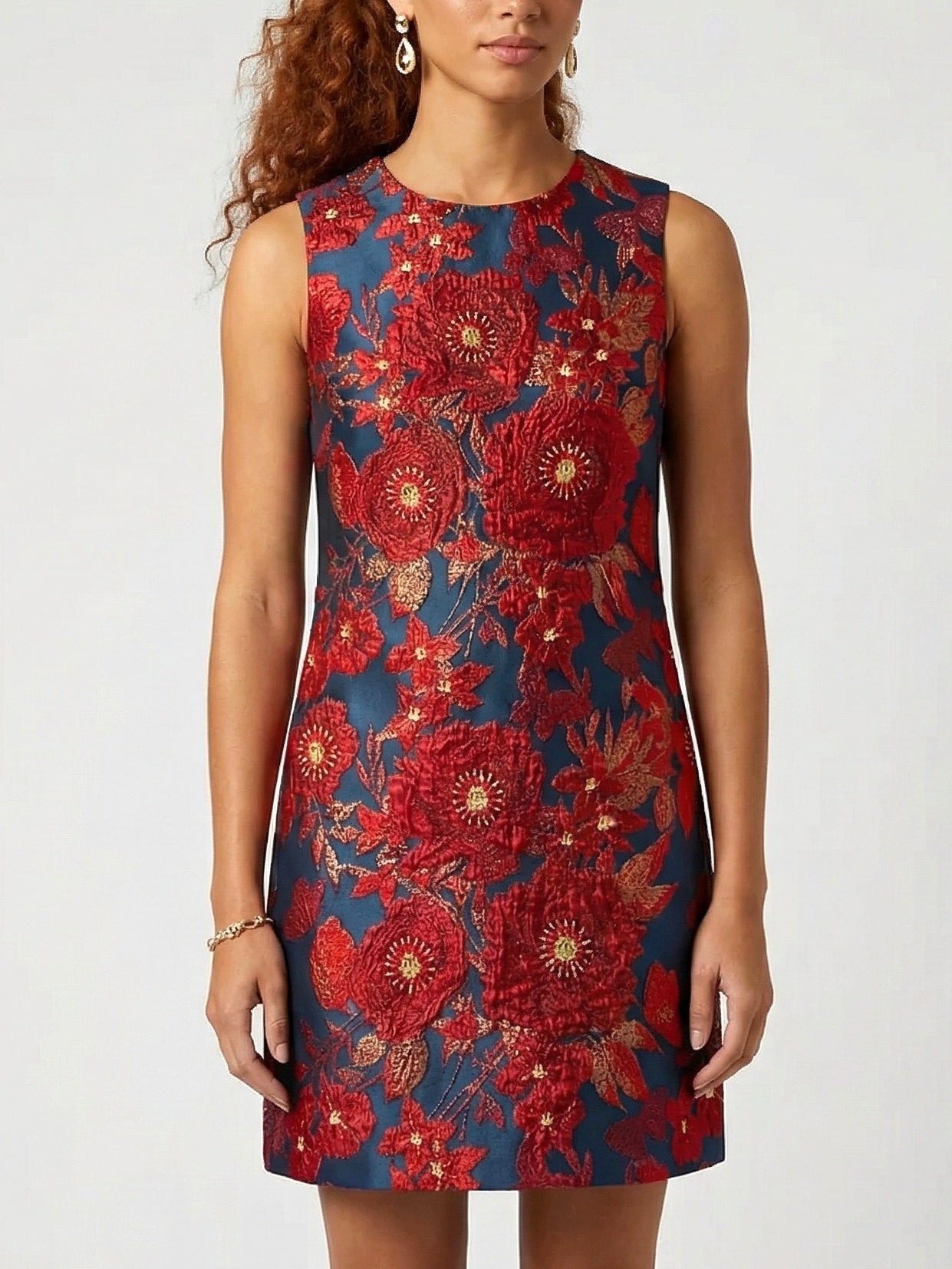 Beaded Floral Jacquard Sleeveless Mini Dress - Dresses