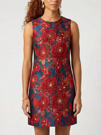 Beaded Floral Jacquard Sleeveless Mini Dress - Dresses