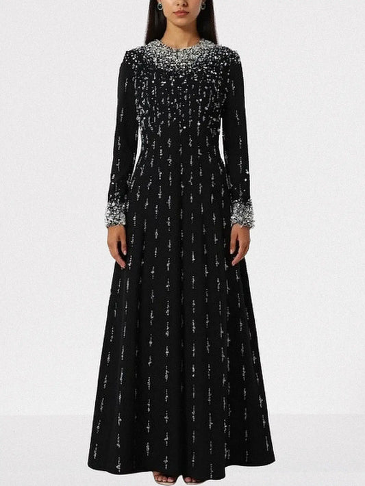Beaded Long-Sleeve Embellished Maxi Gown - S / Black - Dresses
