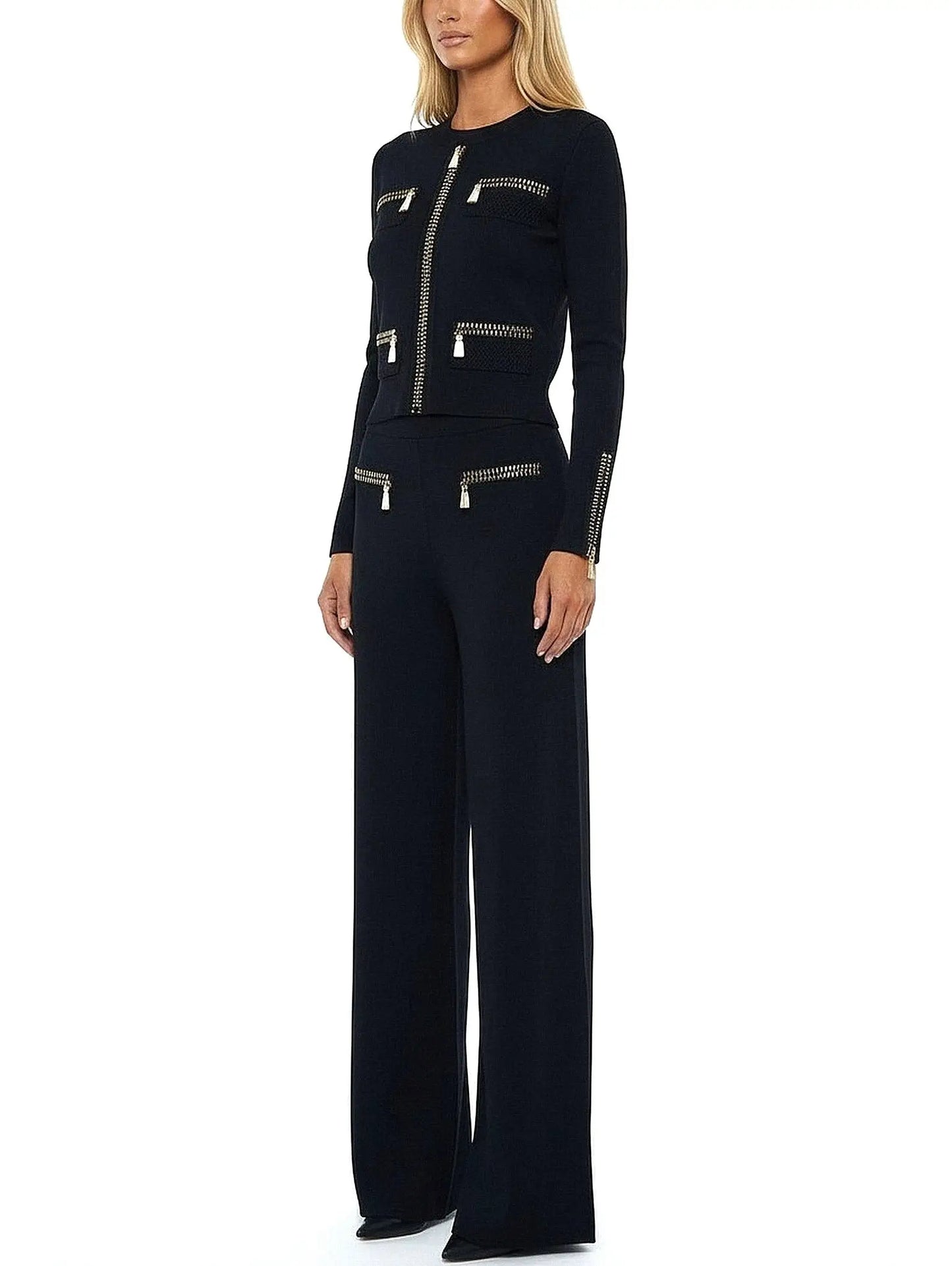 Beaded Zip-Illusion Knit Jacket and Pants Set - Suits & Sets