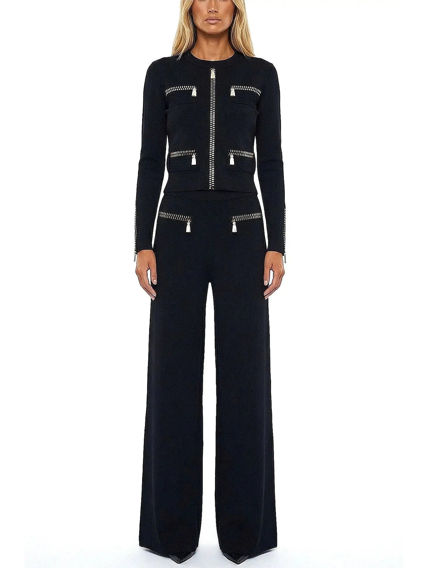 Beaded Zip-Illusion Knit Jacket and Pants Set - Suits & Sets