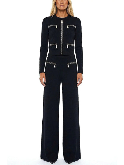 Beaded Zip-Illusion Knit Jacket and Pants Set - Suits & Sets