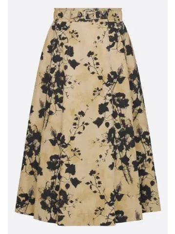 Beige and Black Floral Cotton Gabardine Flared Mid-Length Skirt - Skirts