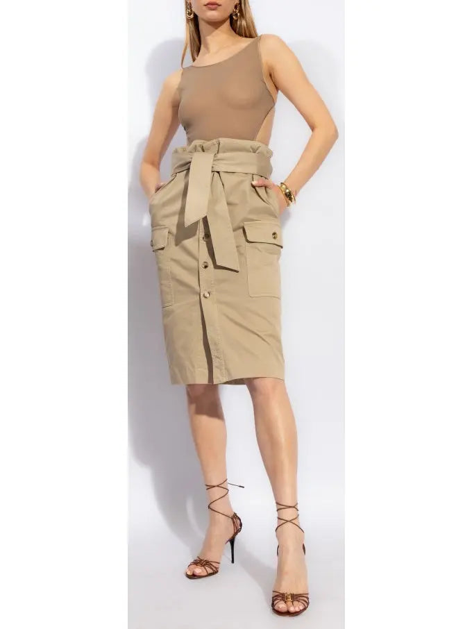 Beige Cargo Cotton Saharienne Safari Style Knee-Length Skirt - Skirts